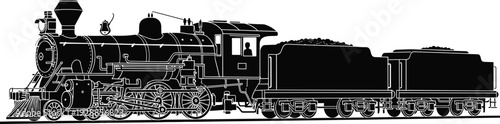 Vintage steam locomotive silhouette with coal tender wagons, classic railway transport vector illustration isolated on white background
