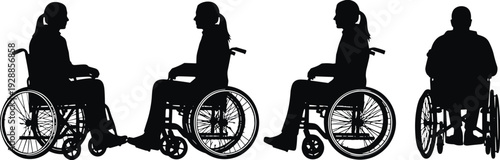 Wheelchair user silhouettes set, disabled person mobility vector illustration, inclusive accessibility concept isolated on white background collection artwork