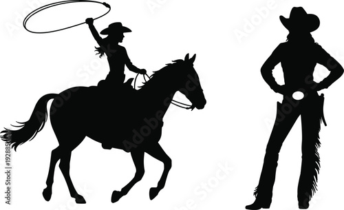 Black silhouette of cowgirl riding horse throwing lasso and standing woman in western hat and chaps, isolated on white background, (20 words)