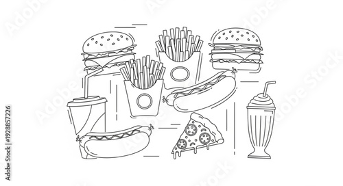 Hand drawn fast food collection with burgers and fries.