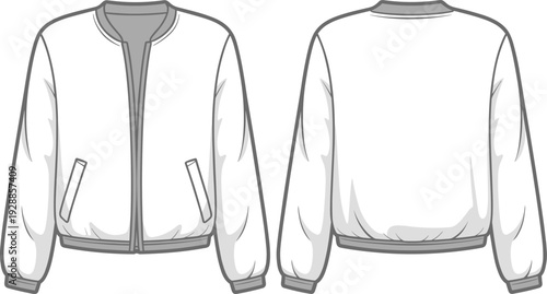 PrintBomber jacket fashion illustration, front and back technical sketch, ribbed collar, cuffs, waistband, zipper closure, side pocket detail