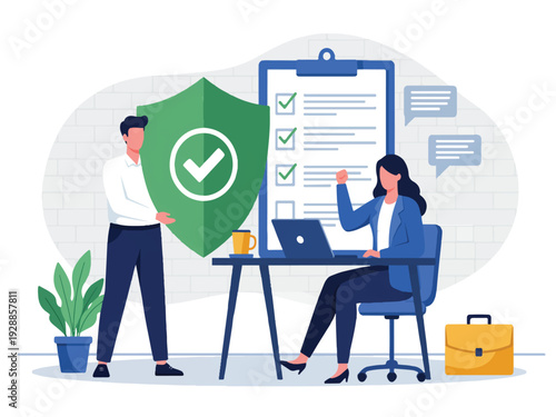 Business people working together with checklist clipboard and shield with checkmark  teamwork and security concept