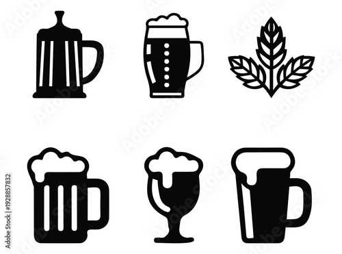Beer mug and brewery icon set including different beer glass styles, foam mugs, and brewing elements. Black silhouette vector collection isolated on transparent background.