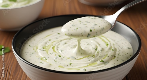 Crispy Ranch Dressing With Herb Flecks And Buttermilk Swirl Peak, Creamy Dip Macro Close-Up Food Photography Detail Shot
