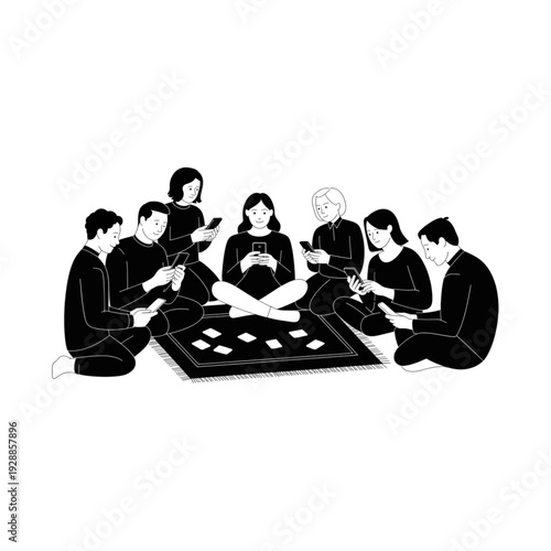 Group of people sitting on floor using smartphones, conceptual vector for digital addiction and social disconnection