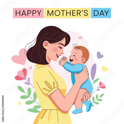 A mother happily embraces her laughing baby; colorful illustration