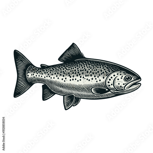 Detailed vintage style monochrome illustration of a trout fish, ideal for fishing and wildlife designs.