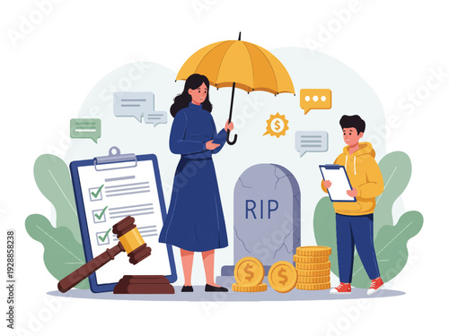 Cartoon illustration of people standing by a tombstone with RIP and financial symbols around them