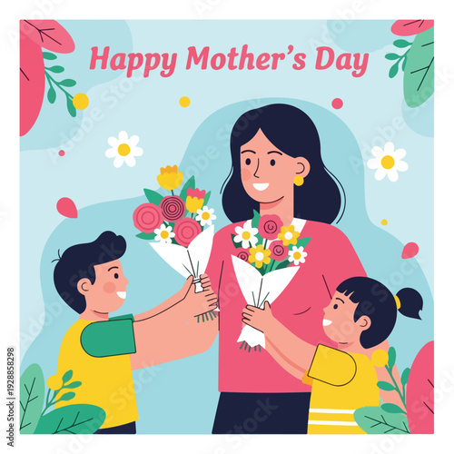 A mother receives flowers from her children, celebrating a special day