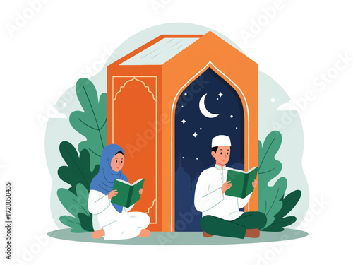 Cartoon muslim man and woman sitting outside mosque reading books at night  peaceful scene