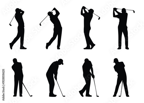 Golf player silhouette action set showing different golf swing and putting poses. Black vector illustration isolated on transparent background.