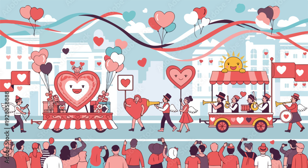 Obraz premium A parade features heart-shaped floats, angels, and a band, viewed by people