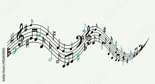 A musical staff design with floating notes in shades of black, blue, and green