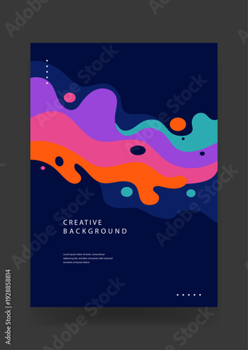 Bold creative background featuring multi colored liquid fluid shapes on a dark navy blue backdrop for modern art posters