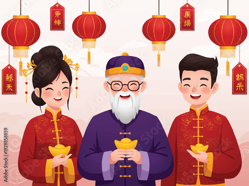 Chinese New Year family holding gold ingots and lanterns in traditional clothing smiling happily together  cultural festive scene