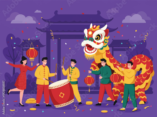 Chinese New Year celebration with dragon dance performance in traditional cultural festival setting with people and confetti  vibrant purple background