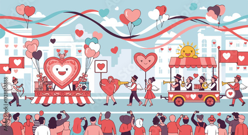 A parade features heart-shaped floats, angels, and a band, viewed by people