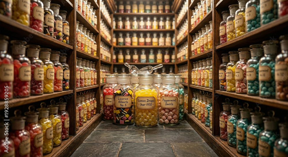 Fototapeta premium A eye-level shot looking down an aisle of an old-fashioned apothecary-style candy shop. Both sides are lined with floor-to-ceiling wooden shelves holding hundreds of vintage glass jar
