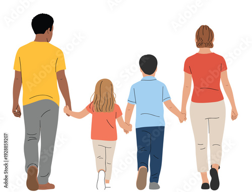 PrintFamily walking hand in hand illustration with parents and children, unity bonding concept, love support togetherness lifestyle representation