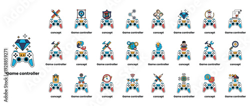 A collection of game controllers with various icons and symbols