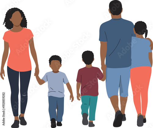 PrintFamily walking together illustration with parents and children, unity bonding concept, diverse group showing love, support and togetherness