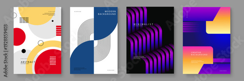 Diverse collection of four geometric posters featuring Bauhaus style patterns blue arches purple 3D ribbons and colorful gradients