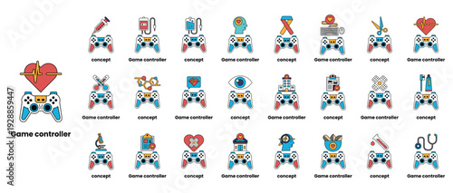 A collection of game controllers with various icons and symbols
