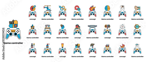 A collection of game controllers with various designs and colors