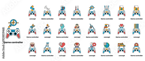 A collection of game controllers with various icons and text