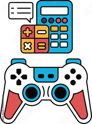 A black and white image of a video game controller with a calculator on the side