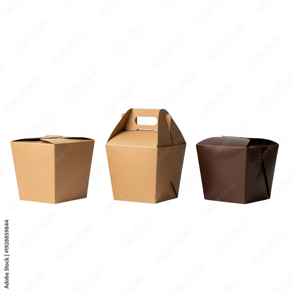 Fototapeta premium Three takeout food containers in a row isolated on transparent background
