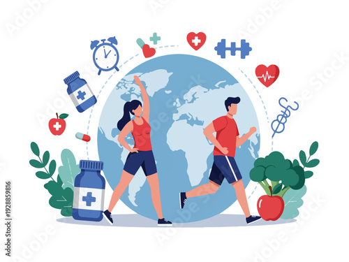 Healthy lifestyle concept with people running around the world with healthy food and medical icons  wellness and fitness