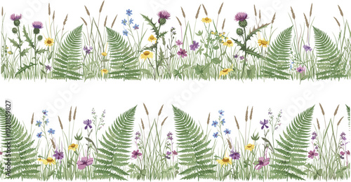 Vector illustration of stylized wildflower, grass, and fern border symbolizing nature, culture, diversity, education, and artistic values