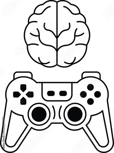 A black and white image of a video game controller with a brain on the side