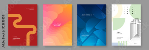 Collection of four modern abstract posters featuring fluid shapes geometric patterns and minimalist layouts in vibrant color palettes