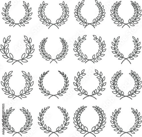Set of sixteen hand drawn laurel wreaths for award achievement and victory symbols.