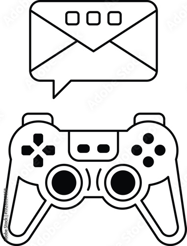 A black and white image of a video game controller with a letter E on it