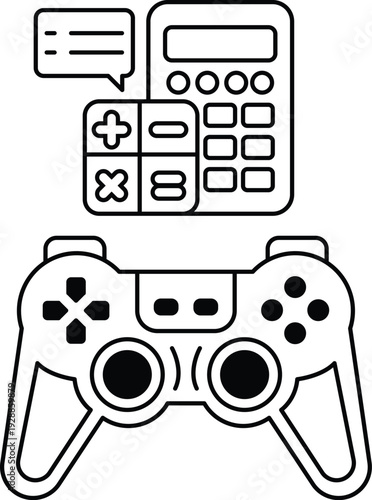A black and white image of a video game controller with a calculator on the side