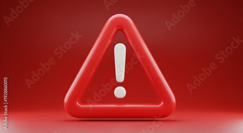 Warning sign with exclamation mark symbolizing caution and attention on a red background, 3D rendered illustration for danger or alert notifications