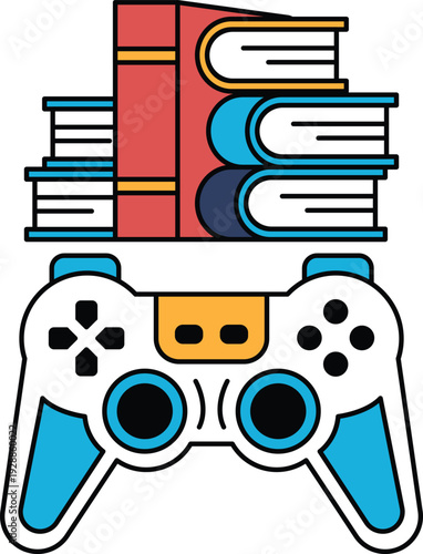 Concept of a person playing a video game while surrounded by books