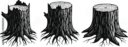Vector illustration of tree stumps with roots symbolizing forestry, nature, growth, environment, culture, education, and conservation values