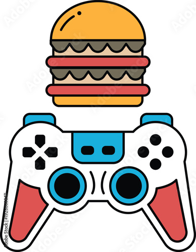 A black and white drawing of a video game controller with a hamburger