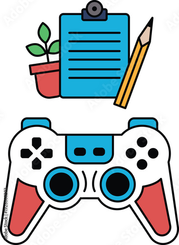 A black and white image of a video game controller with a pencil