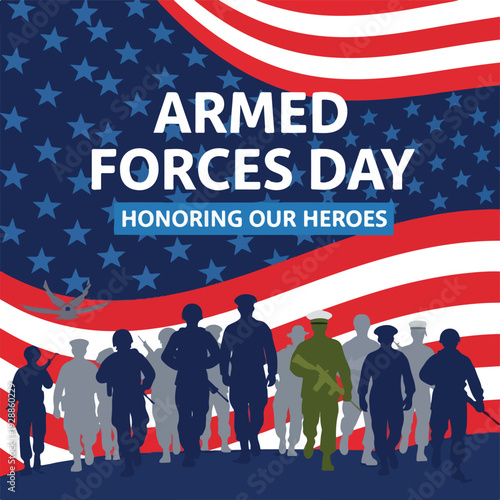 A patriotic graphic with text and silhouettes of soldiers against flag background
