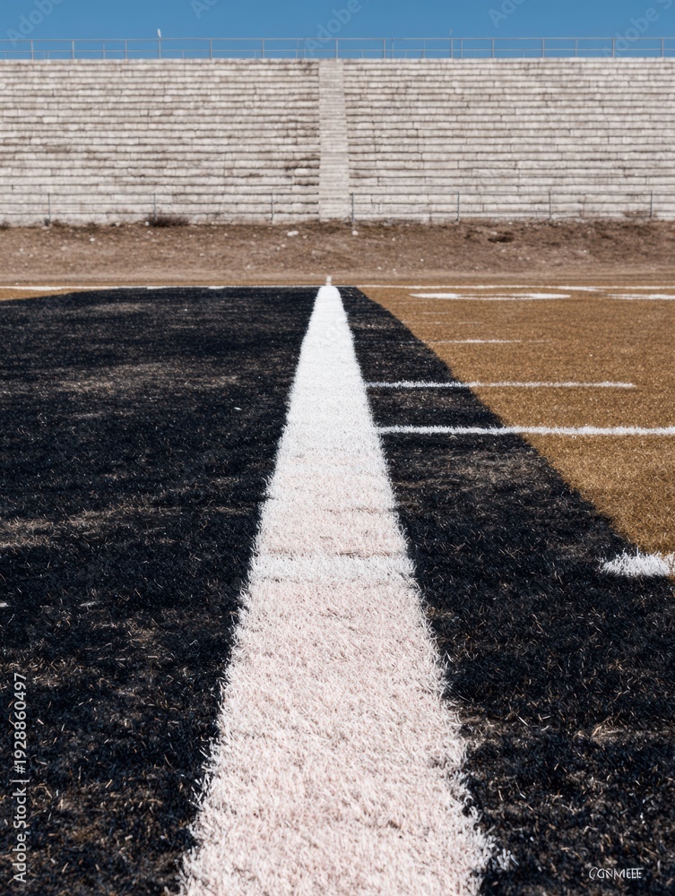 Obraz premium American football field turf with white yard line markings and stadium bleachers background for sports broadcasting, athletic competition, and team training