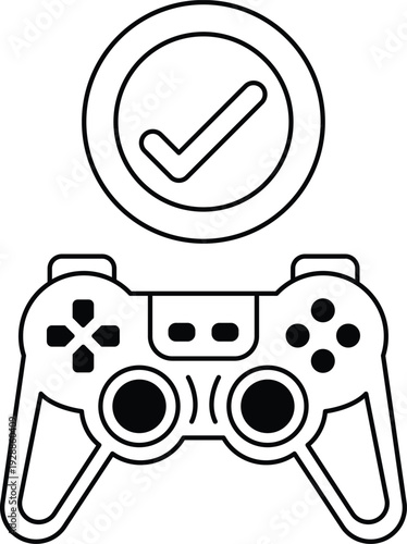 A black and white image of a video game controller with a check mark on it