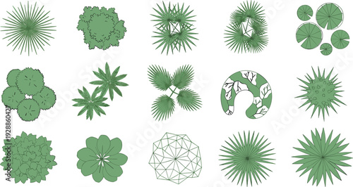 Tree top view design symbols, stylized foliage patterns, landscape architecture elements, garden planning graphics, vegetation vector illustration, urban layout art
