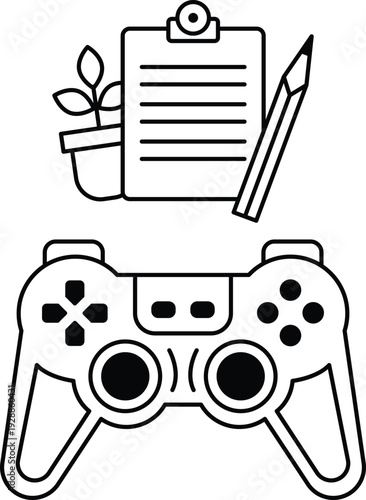 A black and white image of a video game controller with a pencil