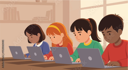 Diverse young students actively engaged in a modern classroom setting, enhancing their digital literacy and programming skills using individual laptops