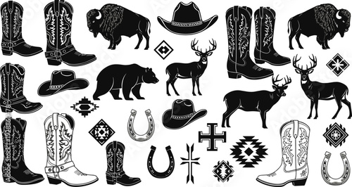 Vector illustration of Western silhouettes with cowboy boots, hats, animals, horseshoes, and geometric patterns symbolizing culture and tradition